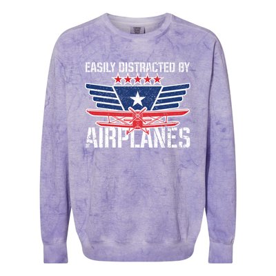 Easily Distracted By Airplanes For Pilot Pun And Plane Humor Funny Gift Colorblast Crewneck Sweatshirt