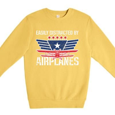 Easily Distracted By Airplanes For Pilot Pun And Plane Humor Funny Gift Premium Crewneck Sweatshirt