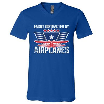 Easily Distracted By Airplanes For Pilot Pun And Plane Humor Funny Gift V-Neck T-Shirt