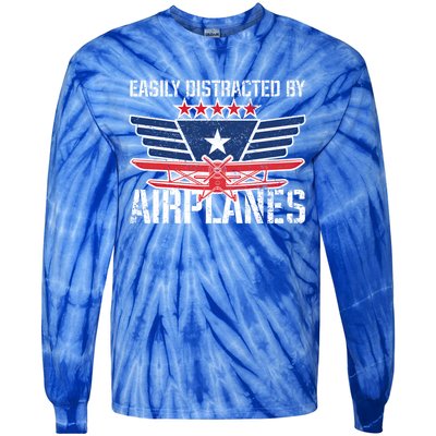 Easily Distracted By Airplanes For Pilot Pun And Plane Humor Funny Gift Tie-Dye Long Sleeve Shirt