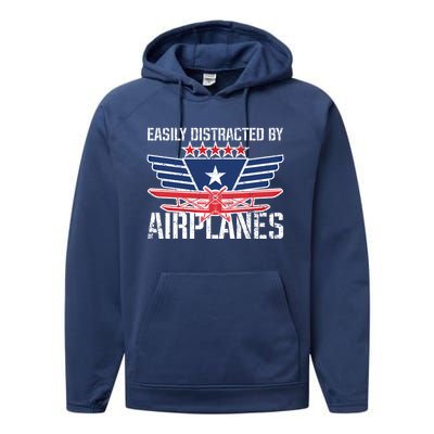 Easily Distracted By Airplanes For Pilot Pun And Plane Humor Funny Gift Performance Fleece Hoodie