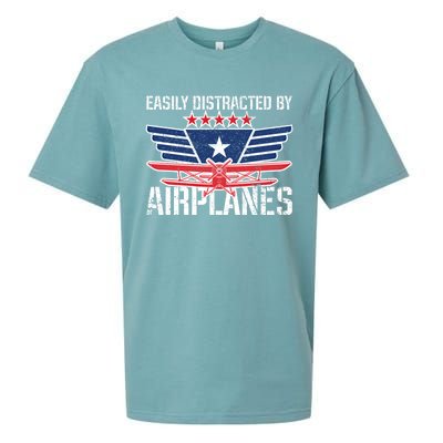 Easily Distracted By Airplanes For Pilot Pun And Plane Humor Funny Gift Sueded Cloud Jersey T-Shirt