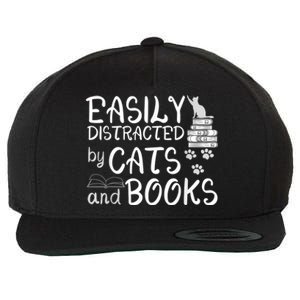 Easily Distracted By Cats And Books Funny Book Lover Wool Snapback Cap