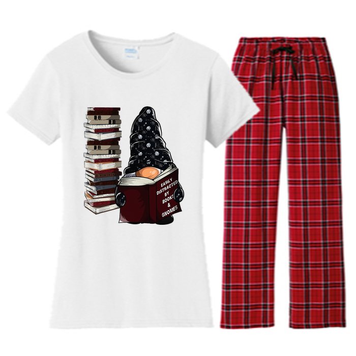 Easily Distracted By Books & Gnomes Garden Gnome Book Lover Women's Flannel Pajama Set