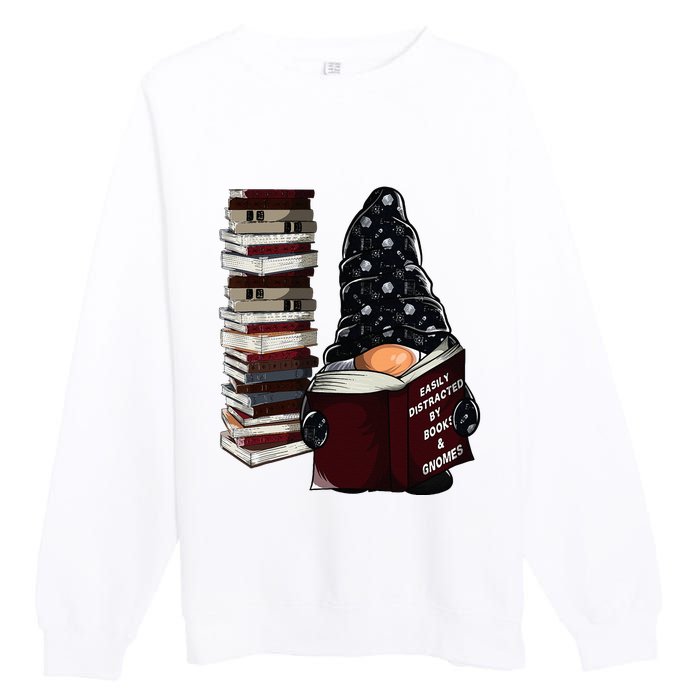 Easily Distracted By Books & Gnomes Garden Gnome Book Lover Premium Crewneck Sweatshirt