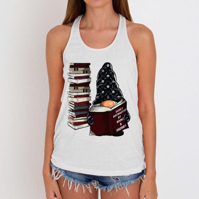 Easily Distracted By Books & Gnomes Garden Gnome Book Lover Women's Knotted Racerback Tank