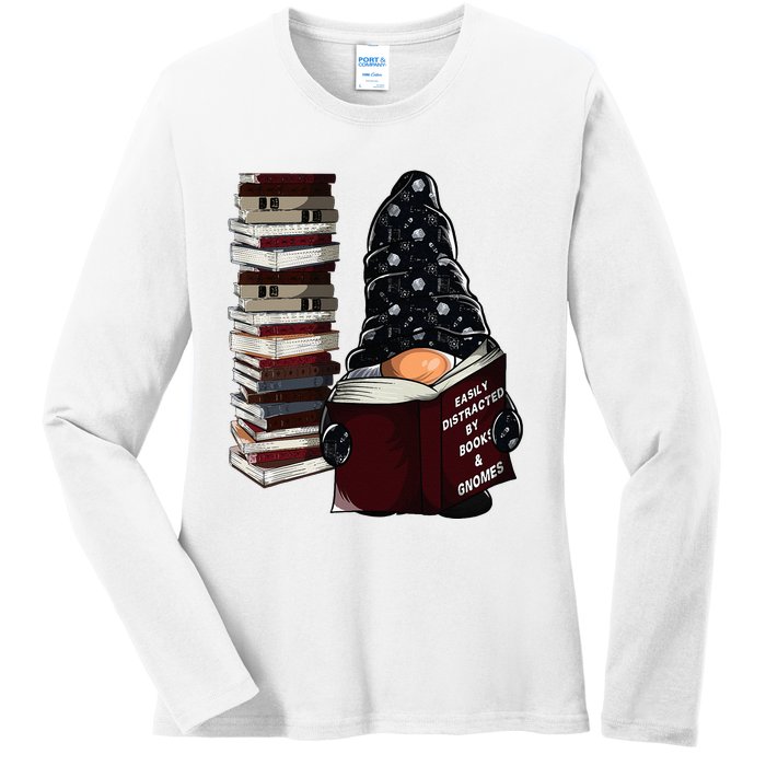 Easily Distracted By Books & Gnomes Garden Gnome Book Lover Ladies Long Sleeve Shirt