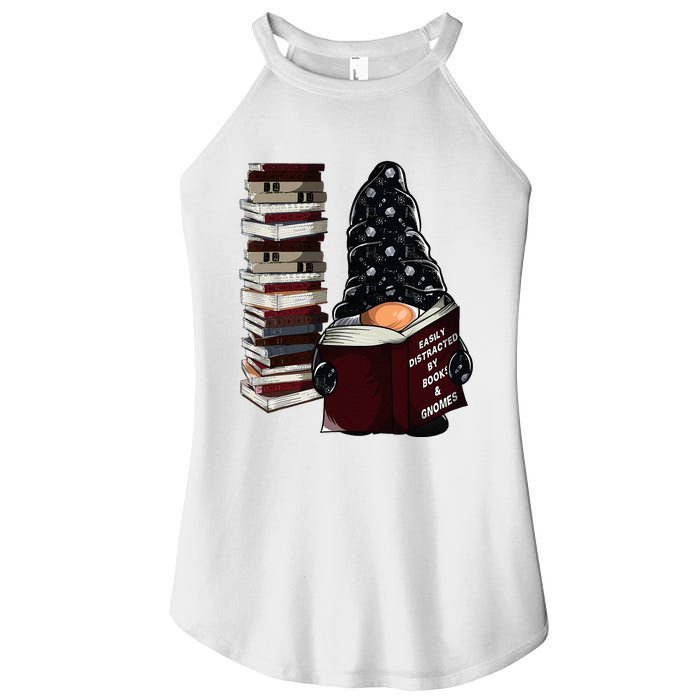 Easily Distracted By Books & Gnomes Garden Gnome Book Lover Women's Perfect Tri Rocker Tank