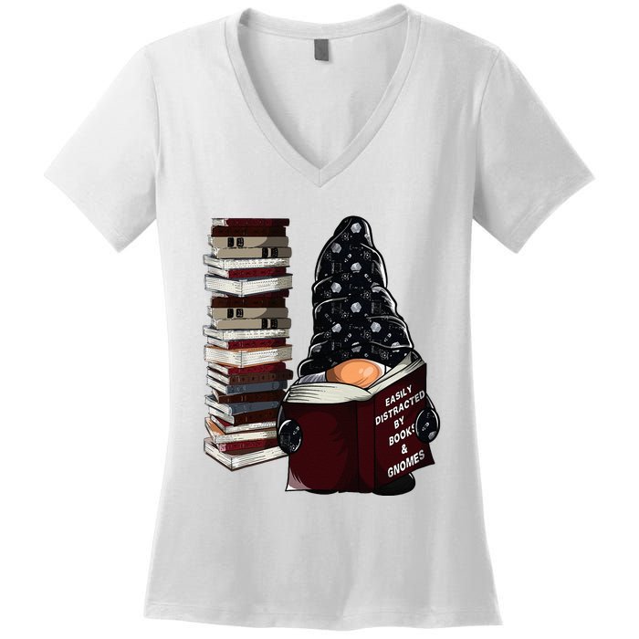 Easily Distracted By Books & Gnomes Garden Gnome Book Lover Women's V-Neck T-Shirt