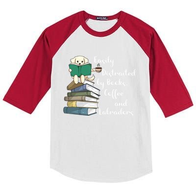 Easily Distracted By Books Coffee Labs Labrador Dog Lover Funny Gift Kids Colorblock Raglan Jersey