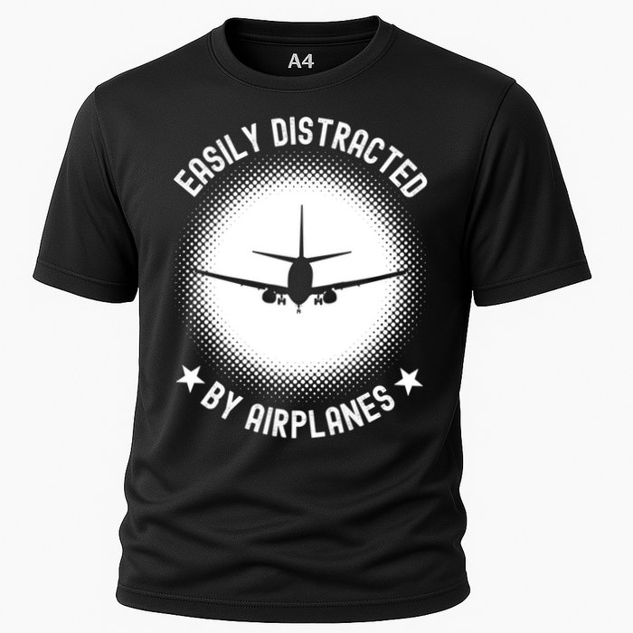 Easily Distracted By Airplanes Funny Flying Plane Gift Cooling Performance Crew T-Shirt