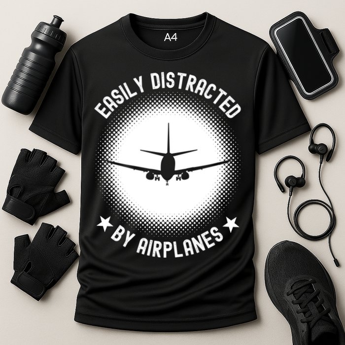 Easily Distracted By Airplanes Funny Flying Plane Gift Cooling Performance Crew T-Shirt