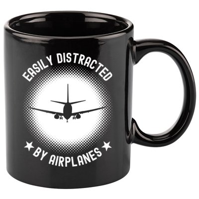Easily Distracted By Airplanes Funny Flying Plane Gift 11oz C Handle Ceramic Mug