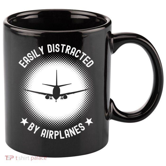 Easily Distracted By Airplanes Funny Flying Plane Gift 11oz C Handle Ceramic Mug