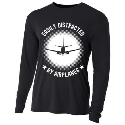Easily Distracted By Airplanes Funny Flying Plane Gift Cooling Performance Long Sleeve Crew