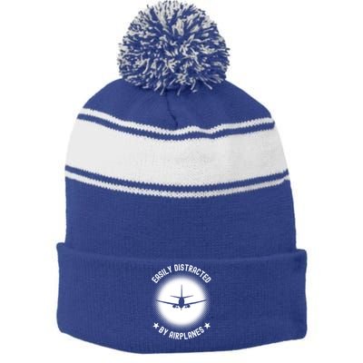 Easily Distracted By Airplanes Funny Flying Plane Gift Stripe Pom Pom Beanie