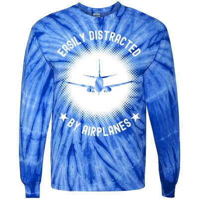 Easily Distracted By Airplanes Funny Flying Plane Gift Tie-Dye Long Sleeve Shirt