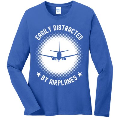 Easily Distracted By Airplanes Funny Flying Plane Gift Ladies Long Sleeve Shirt