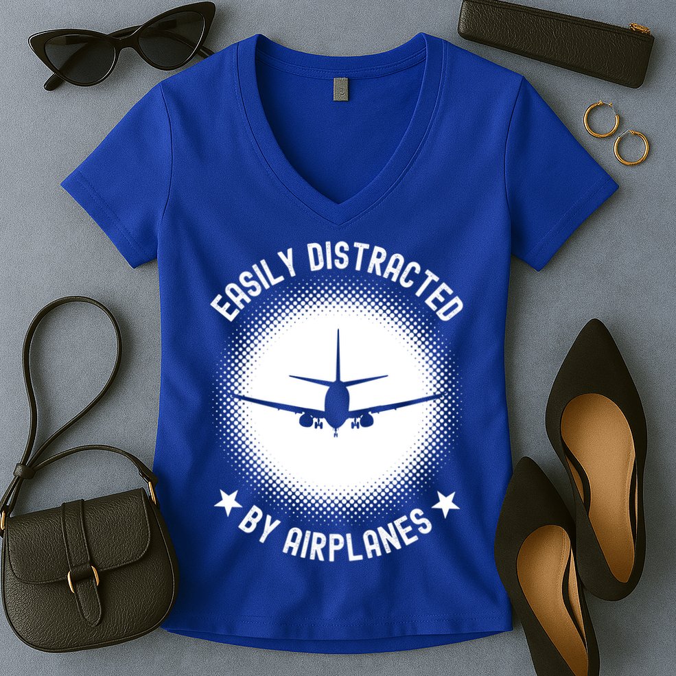 Easily Distracted By Airplanes Funny Flying Plane Gift Women's V-Neck T-Shirt