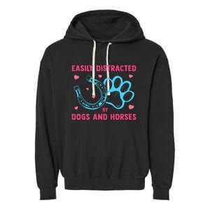 Easily Distracted By Dogs And Horses Animal Lover Garment-Dyed Fleece Hoodie