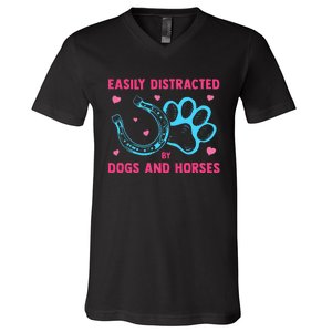 Easily Distracted By Dogs And Horses Animal Lover V-Neck T-Shirt