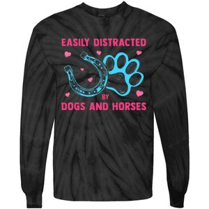 Easily Distracted By Dogs And Horses Animal Lover Tie-Dye Long Sleeve Shirt