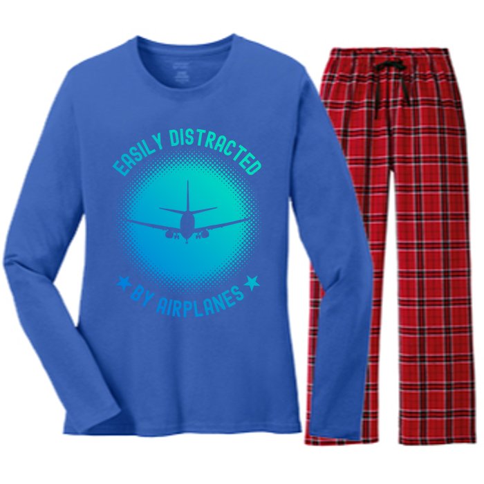 Easily Distracted By Airplanes Funny Flying Plane Gift Women's Long Sleeve Flannel Pajama Set 