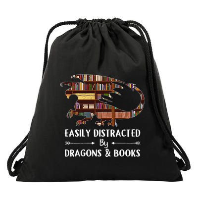 Easily Distracted By Dragon And Books Funny Drawstring Bag