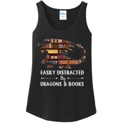 Easily Distracted By Dragon And Books Funny Ladies Essential Tank