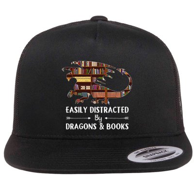 Easily Distracted By Dragon And Books Funny Flat Bill Trucker Hat