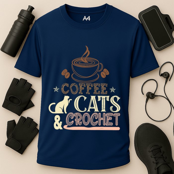 Easily Distracted By Crochet And Coffee Crochet Cats Lovers Cooling Performance Crew T-Shirt