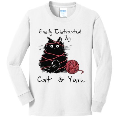 Easily Distracted By Cats And Yarn Funny Knitting Crochet Kids Long Sleeve Shirt