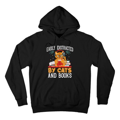 Easily Distracted By Cats And Books Gift Reader Kitty Hoodie