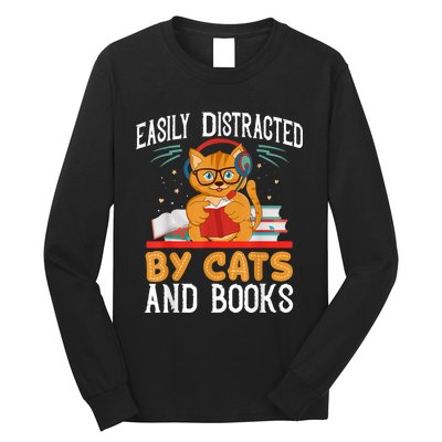 Easily Distracted By Cats And Books Gift Reader Kitty Long Sleeve Shirt