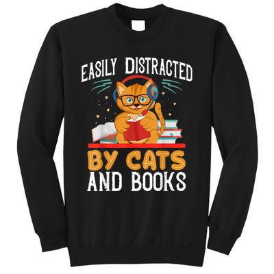 Easily Distracted By Cats And Books Gift Reader Kitty Sweatshirt