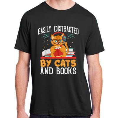 Easily Distracted By Cats And Books Gift Reader Kitty Adult ChromaSoft Performance T-Shirt