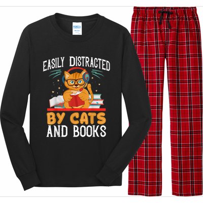 Easily Distracted By Cats And Books Gift Reader Kitty Long Sleeve Pajama Set