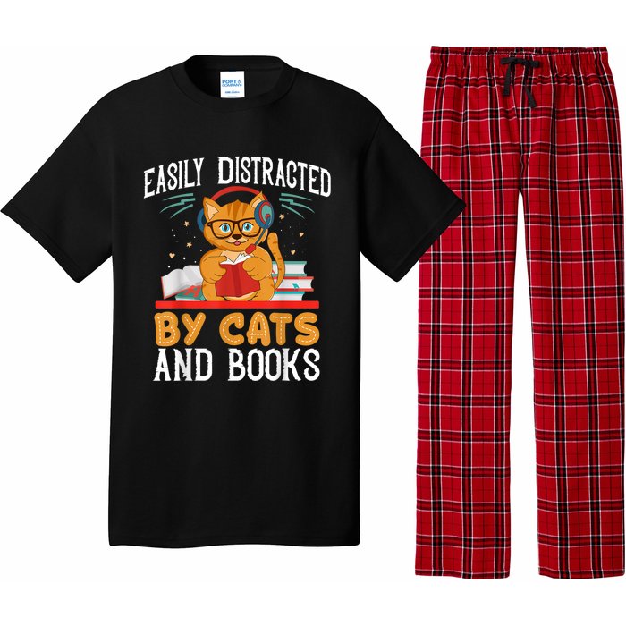 Easily Distracted By Cats And Books Gift Reader Kitty Pajama Set