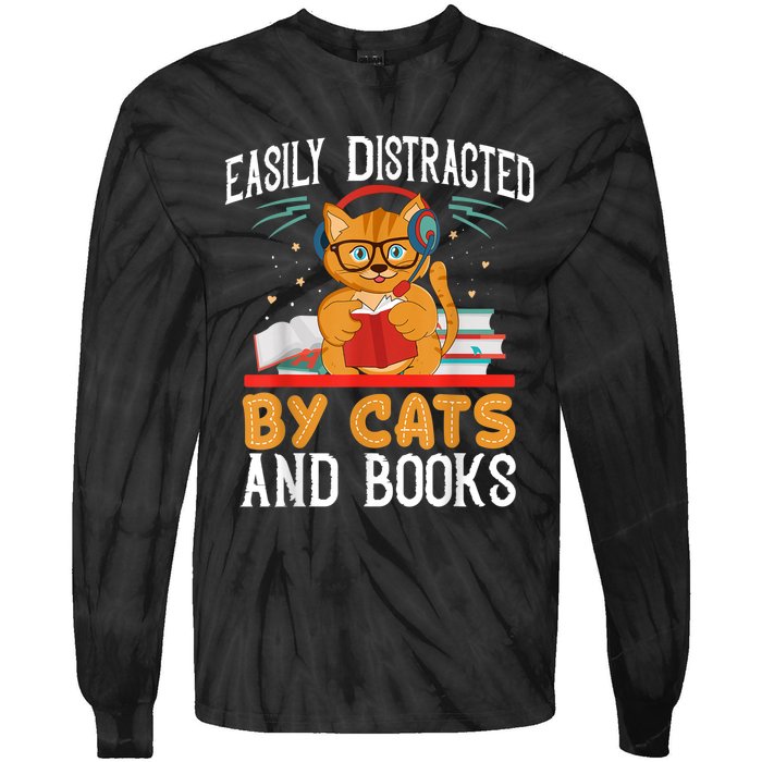 Easily Distracted By Cats And Books Gift Reader Kitty Tie-Dye Long Sleeve Shirt