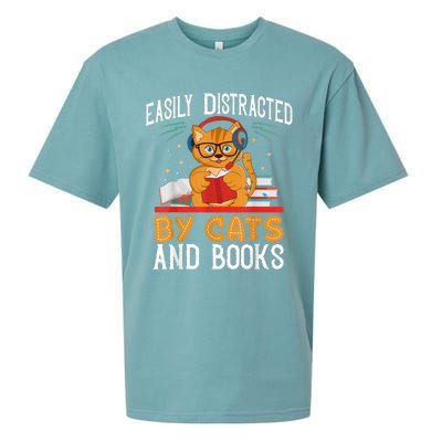 Easily Distracted By Cats And Books Gift Reader Kitty Sueded Cloud Jersey T-Shirt