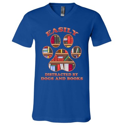 Easily Distracted By Dogs And Books Animal Book Lover Gift V-Neck T-Shirt