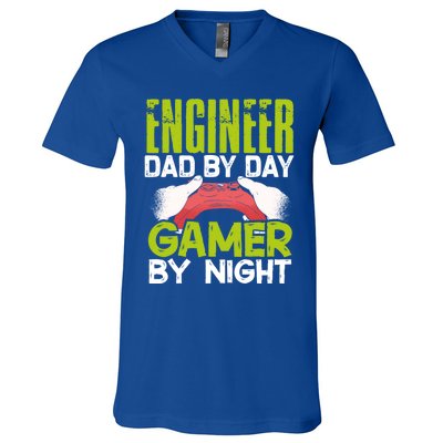 Enginer Dad By Day Gamer By Night Fathers Funny Gaming Gift V-Neck T-Shirt