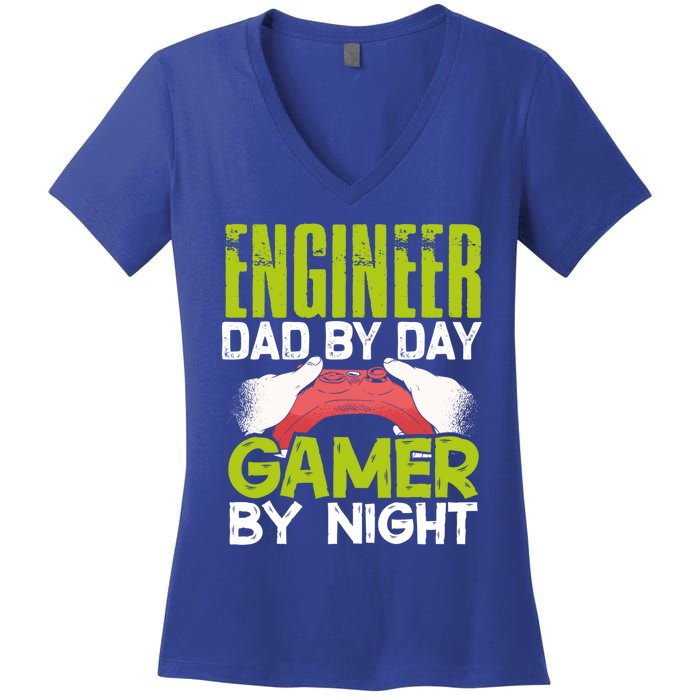 Enginer Dad By Day Gamer By Night Fathers Funny Gaming Gift Women's V-Neck T-Shirt