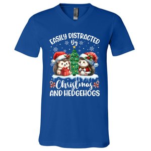 Easily Distracted By Christmas And Hedgehogs Santa Christmas Gift V-Neck T-Shirt