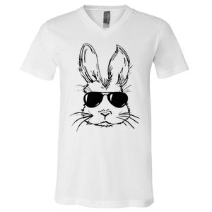 Easter Day Bunny Face With Sunglasses V-Neck T-Shirt