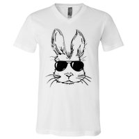 Easter Day Bunny Face With Sunglasses V-Neck T-Shirt