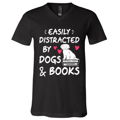 Easily Distracted By Dogs And Books Dog & Book Lover V-Neck T-Shirt