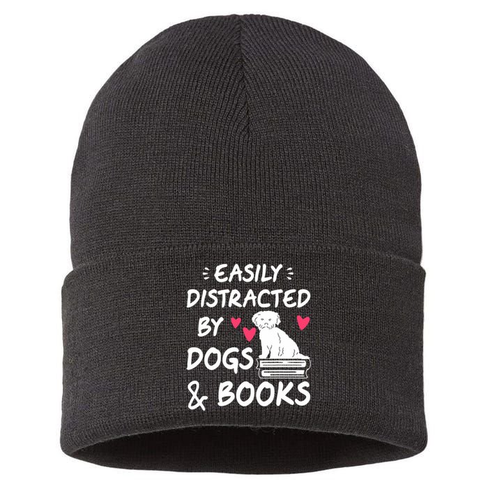 Easily Distracted By Dogs And Books Dog & Book Lover Sustainable Knit Beanie