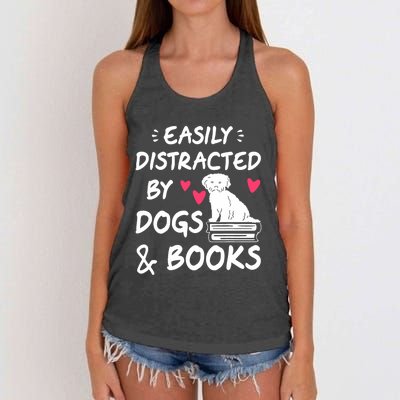 Easily Distracted By Dogs And Books Dog & Book Lover Women's Knotted Racerback Tank