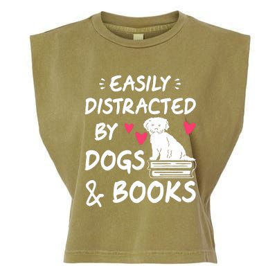 Easily Distracted By Dogs And Books Dog & Book Lover Garment-Dyed Women's Muscle Tee